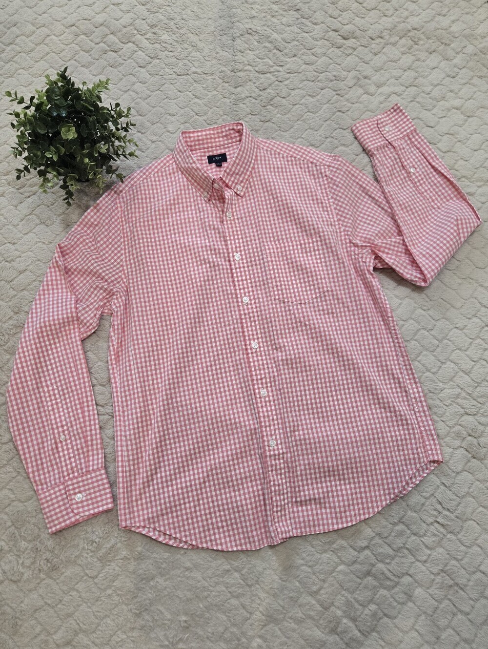J. Crew Factory Pink and White Gingham Long-Sleeve Button-Down Shirt, Men's L